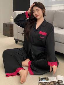 Dazy Plus Plus Size Lace Patchwork Front Button Long Sleeve Top And Pants Pajama Set - Black - View 4