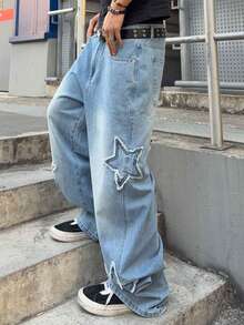 ROMWE MEN Anime Men's Fashionable Washed Loose Fit Jeans - Baby Blue - View 6