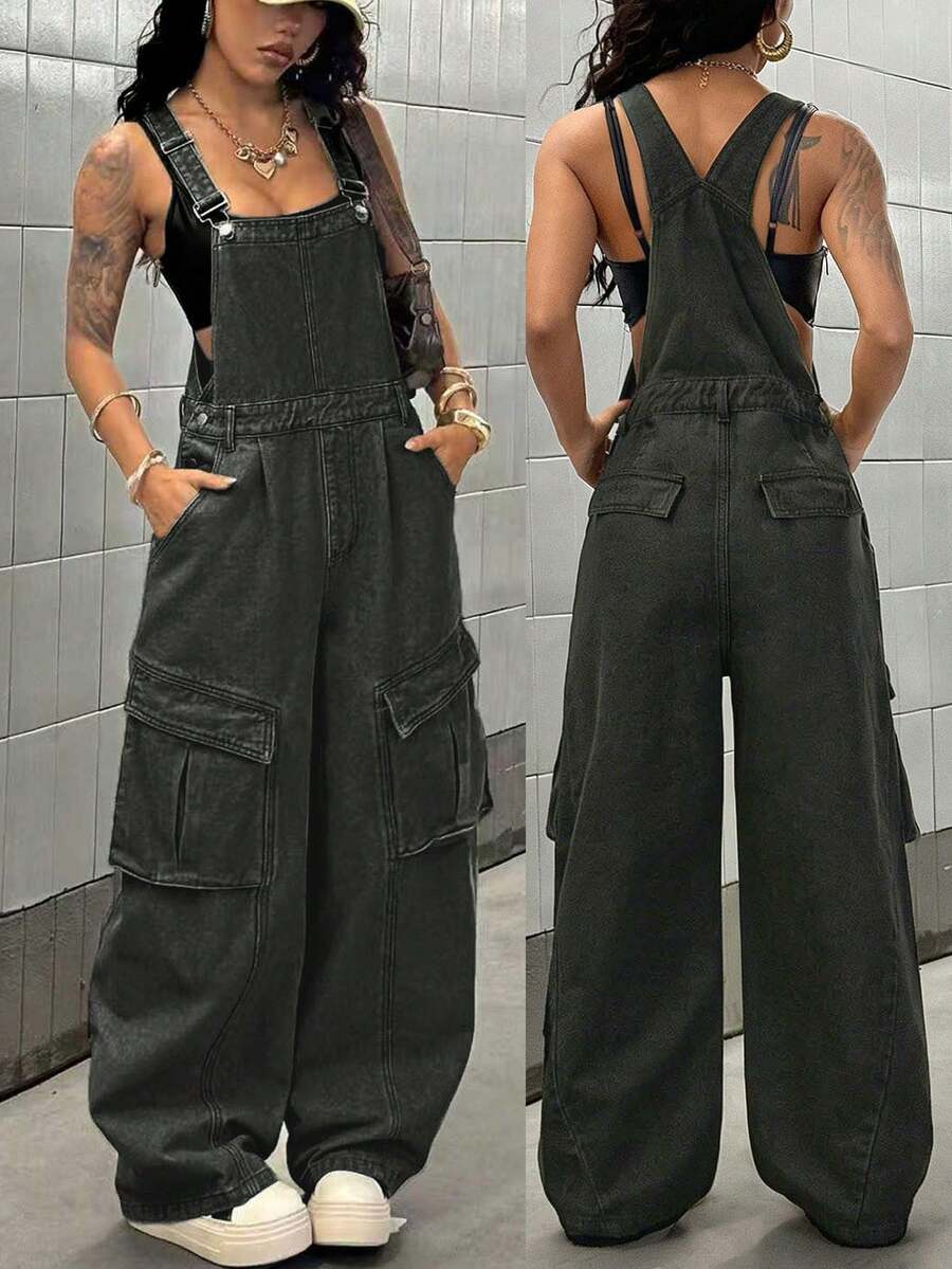 StreetHx Bộ jumpsuit denim dáng rộng, thoải mái, có túi nắp gập, dành cho nữ, phù hợp cho mùa xuân, hè và thu. - Xám - Xem 1
