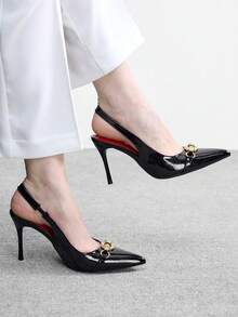 CUCCOO BIZCHIC 女士春夏金属扣尖头缝线高跟鞋，9厘米亮面漆皮纯色高跟鞋，适合通勤、约会、日常聚会等场合。 - 黑色漆皮 - 查看 5