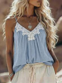 Spaghetti Strap V-Neck Lace Trim Casual Versatile Outerwear Camisole Tank Top For Women - Blue - View 3