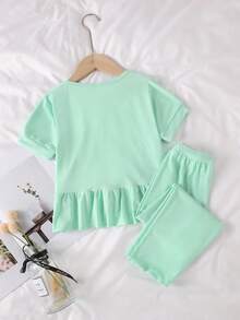 2pcs/Set Young Girl Elegant Floral Patchwork Short Sleeve Top And Pants Outfit - Baby Blue - View 2