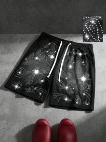 ROMWE MEN Street Life Men's Rhinestone Embellished Casual Shorts, Suitable For Spring/Summer - Black - View 6