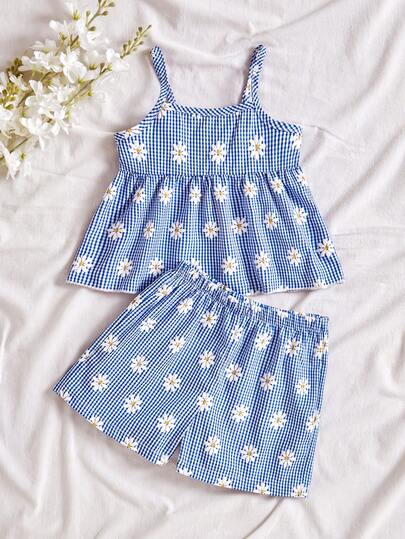 SHEIN Vintaside Kids 女童休闲可爱甜美蓝色格子雏菊印花吊带背心和短裤套装，清爽舒适的夏季户外玩耍服