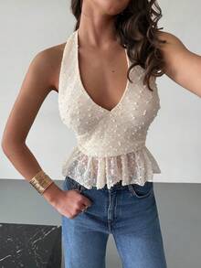 Aloruh Top halter minimalista y sexy sin espalda para mujer, perfecto para vacaciones de verano en la playa, fiestas tropicales y festivales de música country; Top de chaleco jacquard bohemio, un atuendo de estilo callejero para chicas calientes. - Albaricoque - Ver 5