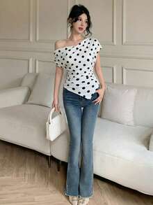Celisse Women's Elegant Polka Dot Print Asymmetric T-Shirt, Summer - White - View 3