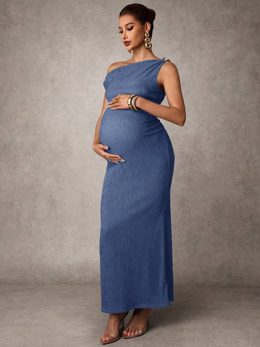 MaterniChic Elegant Maternity Party Solid Color Asymmetrical Shoulder Dress - Blue - View 1