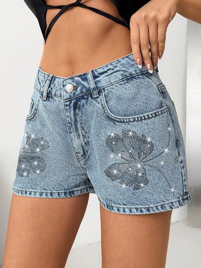 EURMUSE Damen High-Rise Denim Shorts mit Strass-Blumen-Stickerei und Taschen