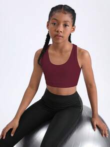 Tween Girls' Minimalist Solid Color Round Neck Elastic Breathable Sports Tank Top, Summer - Burgundy - View 4