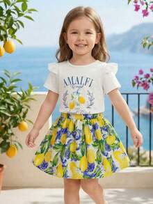 Genkimix Kids 2pcs/Set Young Girls Cute Flare Sleeve Lemon Letter Print T-Shirt + All-Over Lemon Pattern Skirt, Suitable For Daily Outing, Beach, Holiday, Summer - Multicolor - View 1