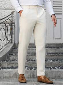 Manfinity Mode Men's Cream White Linen Pants,Summer Business Casual Tapered Suit Pants For Wedding,Formal Ceremony,Daily Office,Commuting & Outings - Beige - View 3