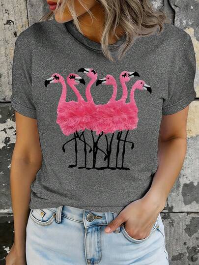 EMERY ROSE Women's Casual Versatile Round Neck Flamingo Print Short Sleeve T-Shirt