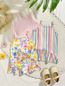 SHEIN Playful Pals 3件套女婴柔软舒适简约透气吊带连衣裙套装，夏季 - 彩色 - 查看 2