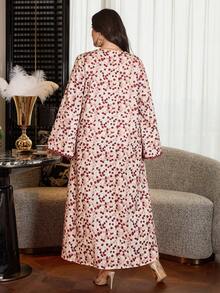 Al Najma Plus Size Elegant V-Neck Lace Patchwork Flare Sleeve Dress, Autumn - Multicolor - View 7
