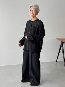 FRIFUL Women's Solid Color Sheer Lace Textured Fabric Collar Splice Lace Trim Long Sleeve Loose Casual Versatile Blouse, Spring/Summer - Black - View 9