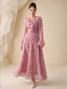 Modelyn Elegant & Romantic Floral Print Long Dress For Outdoor Wear - Pink - View 7