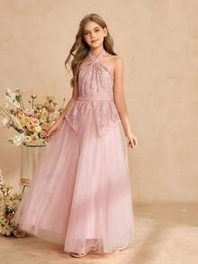 Vestido elegante con contraste de encaje y malla, con corte de cintura y falda acampanada para niñas, adecuado para niña de las flores, boda, baile de graduación, fiesta de cumpleaños, banquete - Rosa - Ver 4