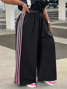 SHEIN CURVE+ Quần nỉ nữ ống rộng màu đen dệt kim kiểu dáng thường ngày - màu đen - Xem 6
