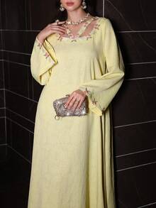 Al Najma Women's Yellow Woven Textured Long Sleeve Embroidered Ruffle Hem Elegant Romantic Arabic Style Dress, Spring/Summer - Yellow - View 4