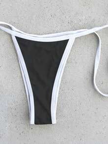 SHEIN Swim 两件套女士沙滩装，时尚可爱，适合度假、海滩、派对、游艇穿着，纯色搭配撞色贝壳装饰，可调节露背吊带三角比基尼上衣和侧系带比基尼泳裤套装 - 彩色 - 查看 5