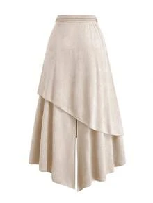 Sweetra Rok Suede Vintage Ukuran Besar, Rok A-Line dengan Pinggang Elastis dan Hem Asimetris, Musim Semi/Musim Gugur - Aprikot - View 2