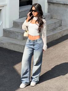 SHEIN PETITE Jeans minimalisti di colore unito da donna per uso quotidiano - Blu - Visualizzare 3