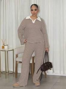 Melissa Matos 女士两件套宽松条纹V领落肩长袖T恤和松紧腰条纹裤，冬季毛衣套装，秋冬季 - 棕色 - 查看 1
