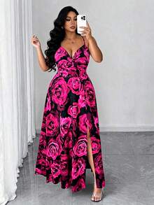 Vestido de mujer talla con nuevo diseño de estampado floral, nudo delantero, cintura con lazo y bajo con abertura, adecuado para vacaciones y citas - Rosa Fucsia - Ver 4