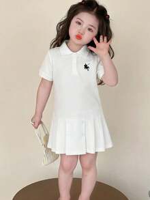 Young Girl Summer Casual Polo Short Sleeve Mini Logo Dress - White - View 2