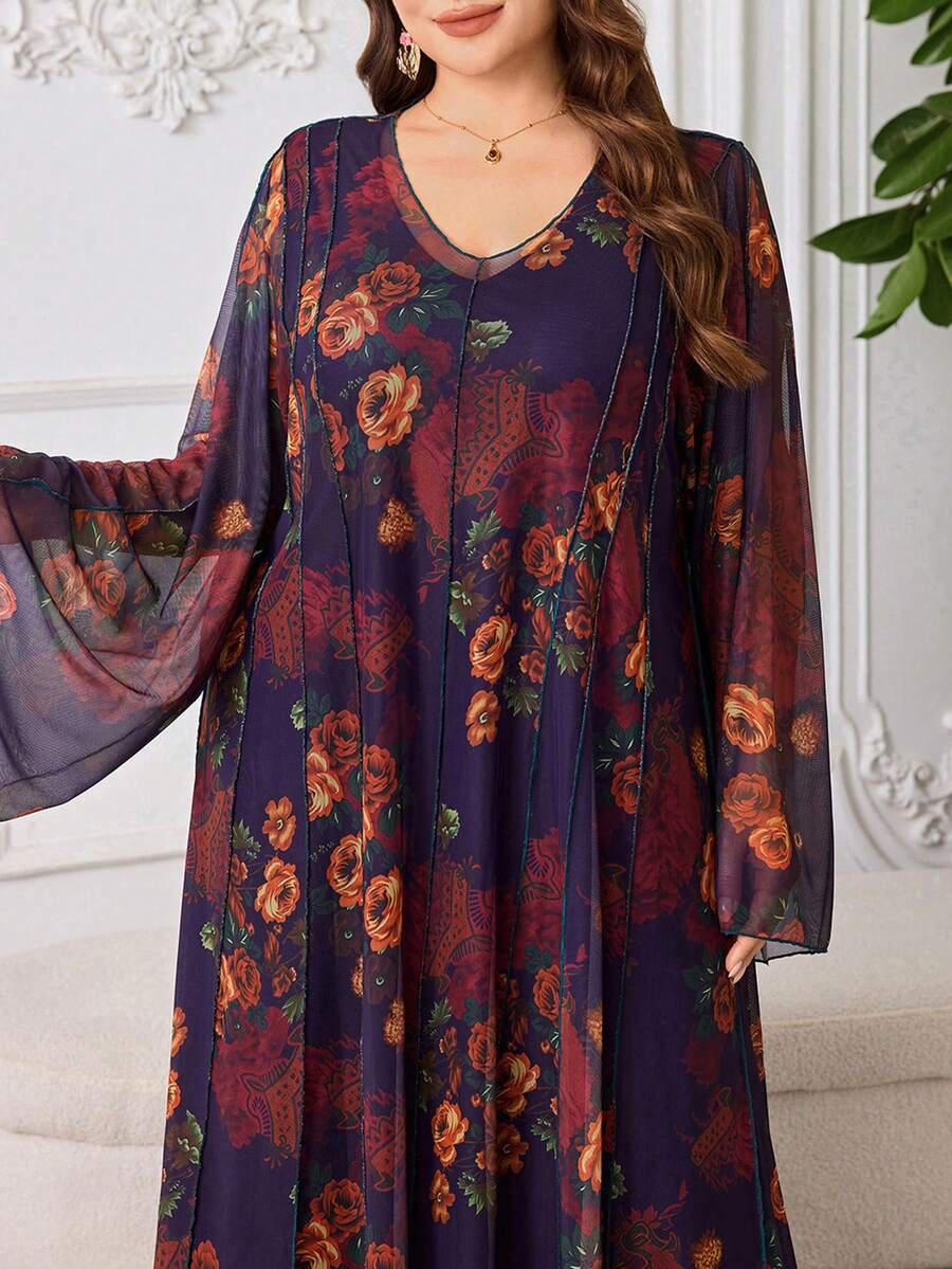Al Najma Robe maxi ample à manches longues, col V, imprimé floral, style décontracté, pour le printemps/été, grande taille, pour femmes, style arabe - Multicolore - Voir 1