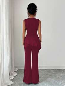 SHEIN Elenzya Women's Fashion Casual Elegant Collared V-Neck Sleeveless Top And Straight Leg Satin Pants 2-Piece Set - Red - View 2