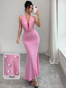 Modelyn Faux Pearl Decor Halter Neck Ruffle Back Tie Dress, Pink - Purple - View 5