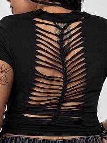 ROMWE Grunge Punk Spring/Summer Plus Size Black T-Shirt With Punk Music Note Rhinestone Grommets Valentine's Day - Black - View 3