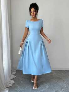 Elenzga 女士夏季圆领纯色优雅连衣裙，法式设计，收腰短袖荷叶边下摆，尽显优雅气质，适合日常出行、约会、假日度假等场合。 - 藍色 - 查看 5