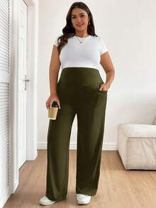 Plussiva Plus Size Maternity Casual Solid Color Adjustable High Waist Loose Wide Leg Pants - Army Green - View 3