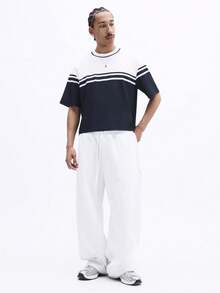 SUMWON Áo thun ngắn tay cổ tròn kẻ sọc ngang màu xanh navy trắng, dáng regular fit, thích hợp cho mùa hè xuân, dành cho nam. - Xanh đậm - Xem 3