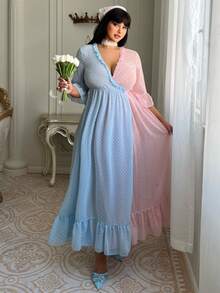 Lyrianda Pink V-Neck Tie-Up Ruffle Hem Waist Flare Dress - Pink - View 4