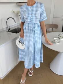 SHEIN 夏季孕妇休闲格子短袖连衣裙 - 藍白色 - 查看 7