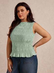 Elaquor Plus Size Solid Color Sleeveless Ruffled Hem Fashion Summer Tank Top - Mint Green - View 2