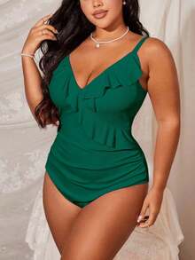 Swim Lushoire Áo tắm liền thân cỡ lớn dành cho nữ, màu trơn, phối bèo nhún, kiểu dáng thời trang, dây mảnh. - màu xanh lá - Xem 3