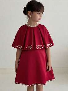 SHEIN Váy chữ A ngắn cổ đứng thanh lịch bằng satin cho bé gái, áo choàng đính hạt cườm. - Đỏ - Xem 2
