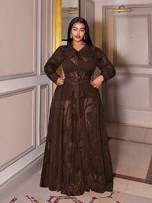 Maweii Vestido elegante y sexy de talla grande con estampado jacquard y transparencias - Marrón - Ver 3