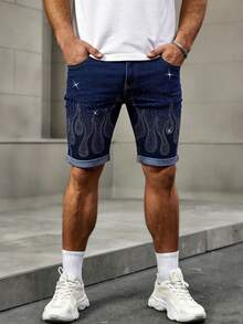 American Streetwear Distressed Denim Shorts With Rhinestones - Blue - View 4