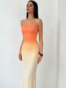 Aloruh 优雅渐变色抹胸连衣裙，休闲及派对装 - 亮橙色 - 查看 4