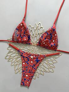 Swim Vcay 女士新款V领露背金属装饰三角比基尼套装，搭配印花双色泳裤，春夏款 - 彩色 - 查看 2