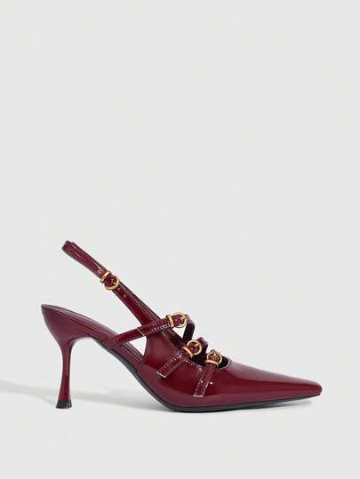 CUCCOO SZL Women's Pointed Toe Black Patent Leather Metal Buckle Stylish Minimalist Date Night Sexy Stiletto Hollow Back High Heels