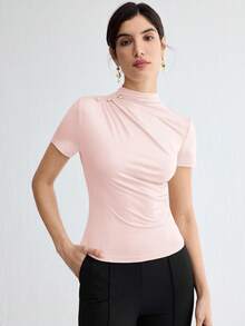 BizChic Spring/Summer New Shallow V-Neck Shoulder Ruched Metal Button Decor Fitted Waist Women's T-Shirt, Suitable For Office, Formal, Elegant Urban Commute, Daily Casual, Romantic 90s Retro, Party, Wedding Guest, Bridesmaid, Hostess, Outing, Social, Date, Party, Concert, Graduation, Breakfast, Airport - Pink - View 10