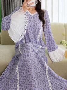 Yasmyna Women's Elegant Purple Woven Floral Print Arabic Maxi Dress, V Neck Lace Trim Turkish Long Dress With Flared Extra-Long Embroidered Sleeves - Purple - View 1