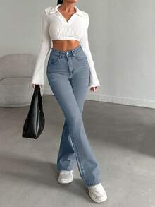 SHEIN 98%Cotton High-Waist Original Boot Cut Jeans Tall - Baby Blue - View 6