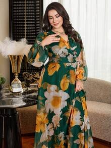Modelyn 大码女式优雅印花收腰宽松半透明连衣裙 - 彩色 - 查看 7